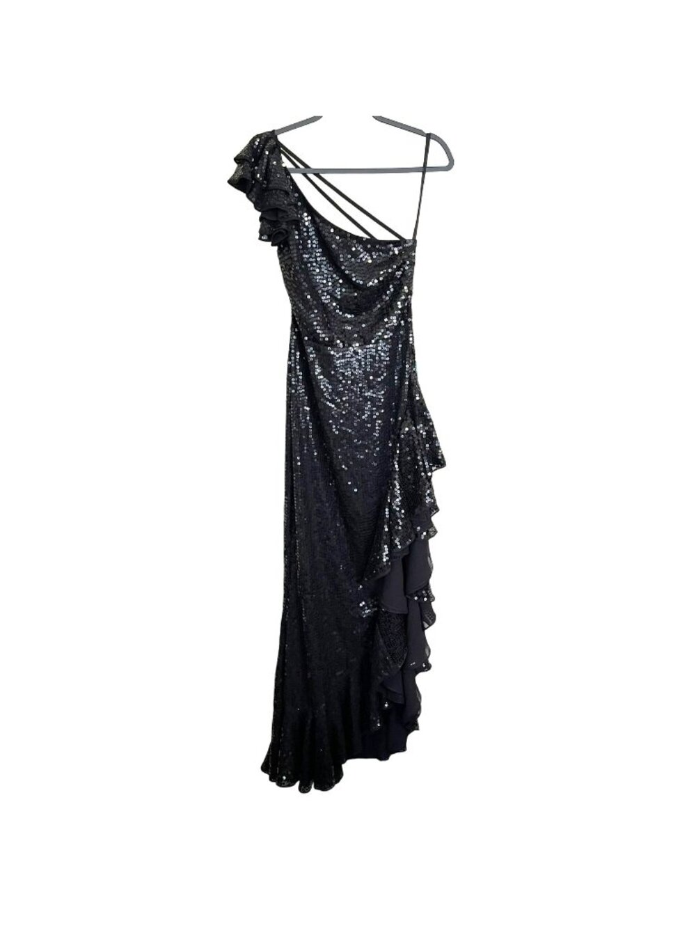 Mac Duggal Black Sequins One Shoulder Strap Open Back Ruffle Maxi Dress NWT